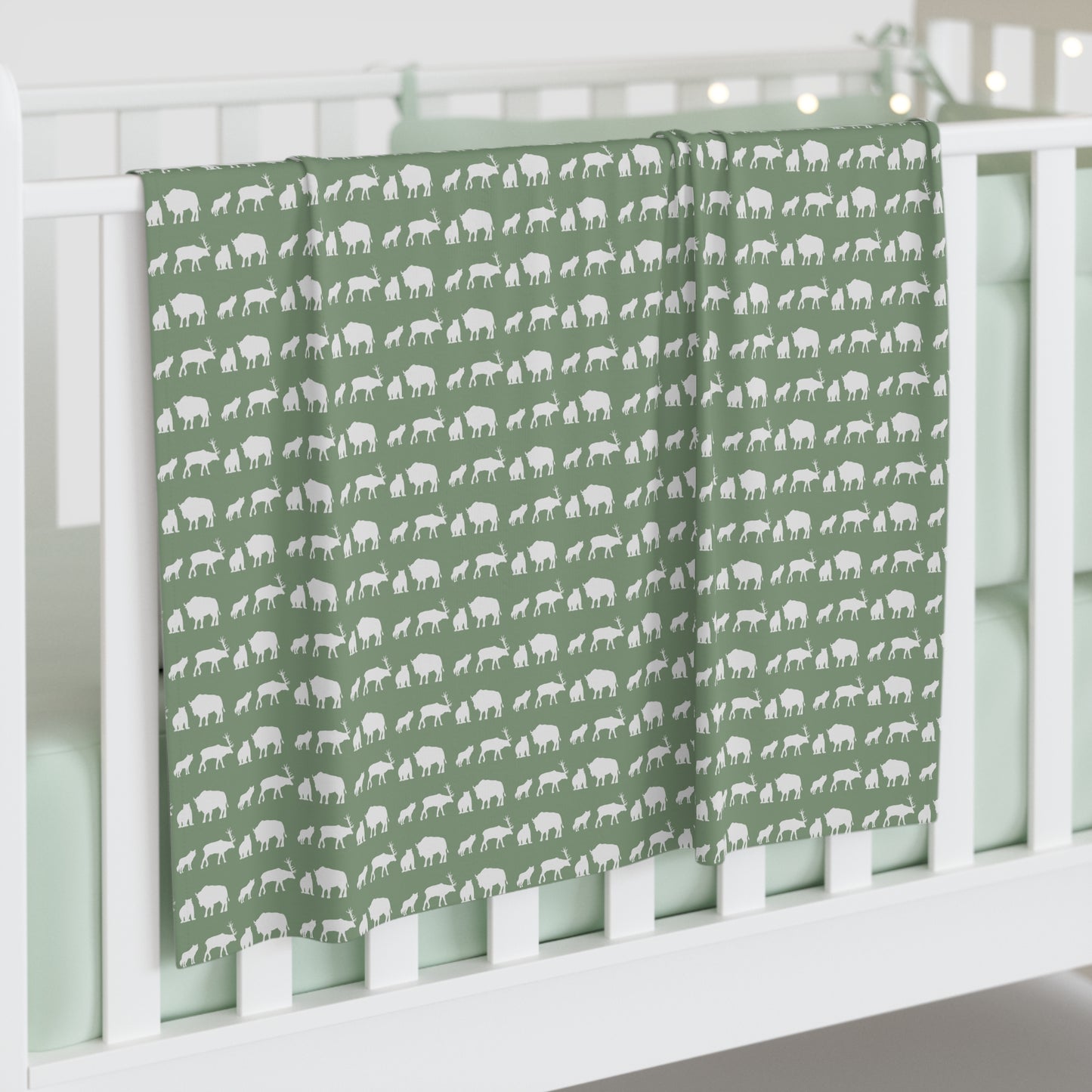 Baby Swaddle Blanket - Sage w/ Mountain Animals in Ice