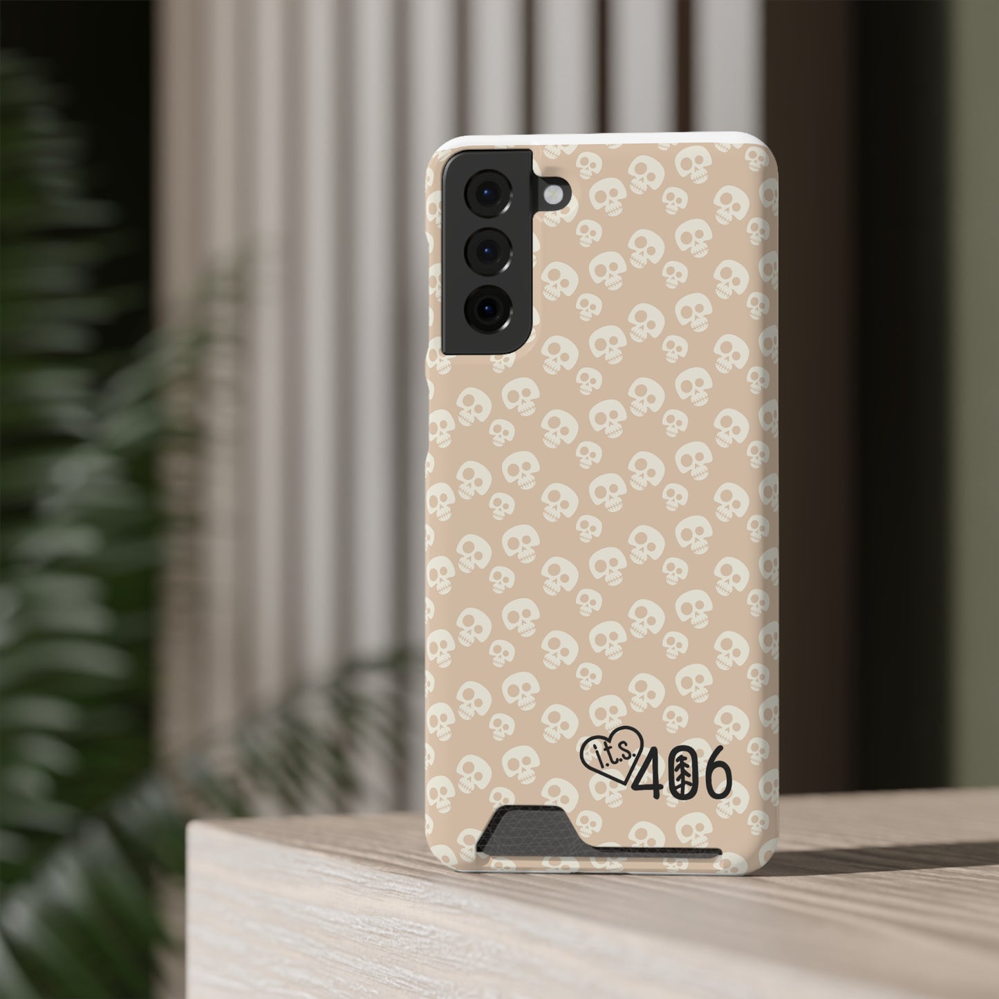 ITS406 Design Phone Case With Card Holder - Mauve Cute Skulls