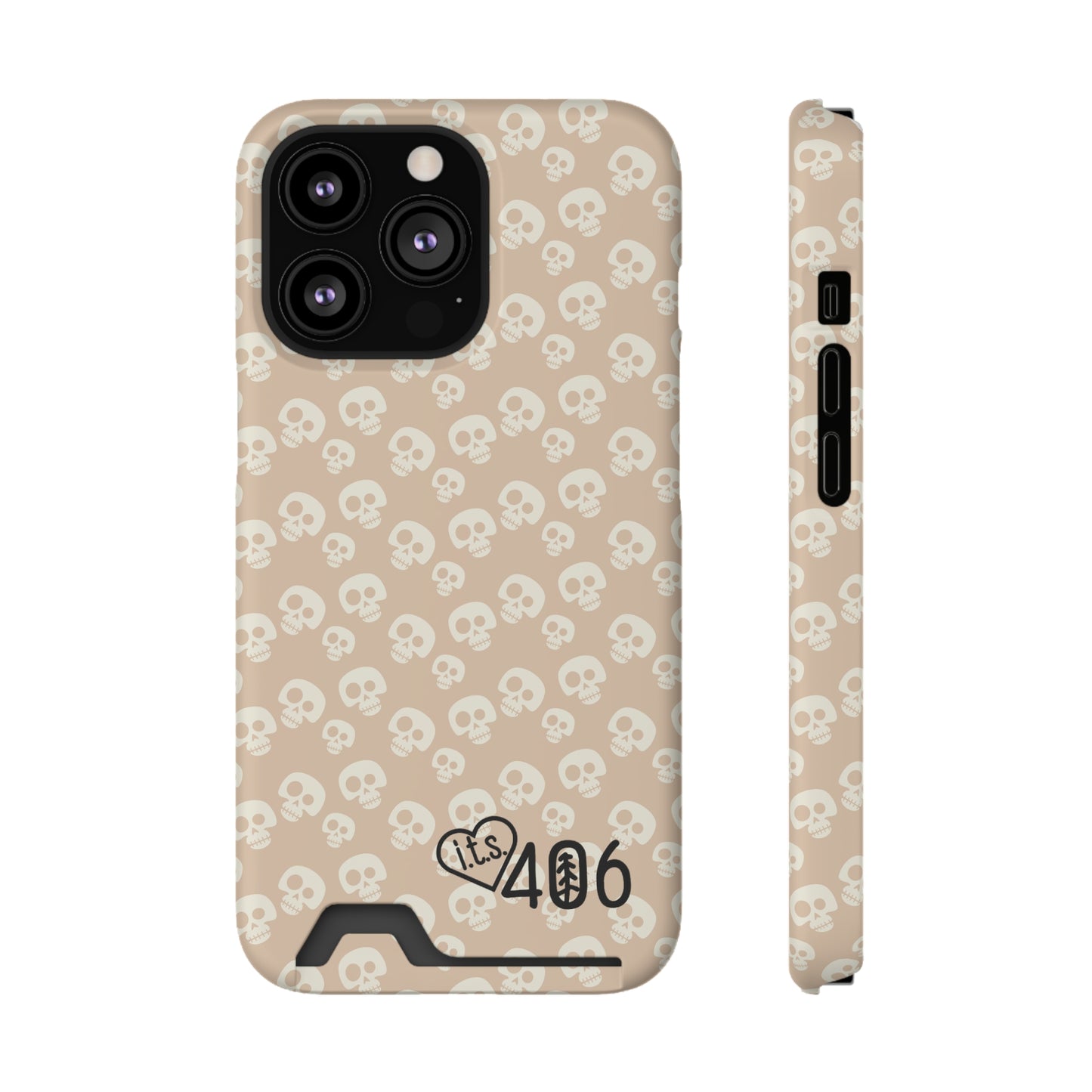 ITS406 Design Phone Case With Card Holder - Mauve Cute Skulls