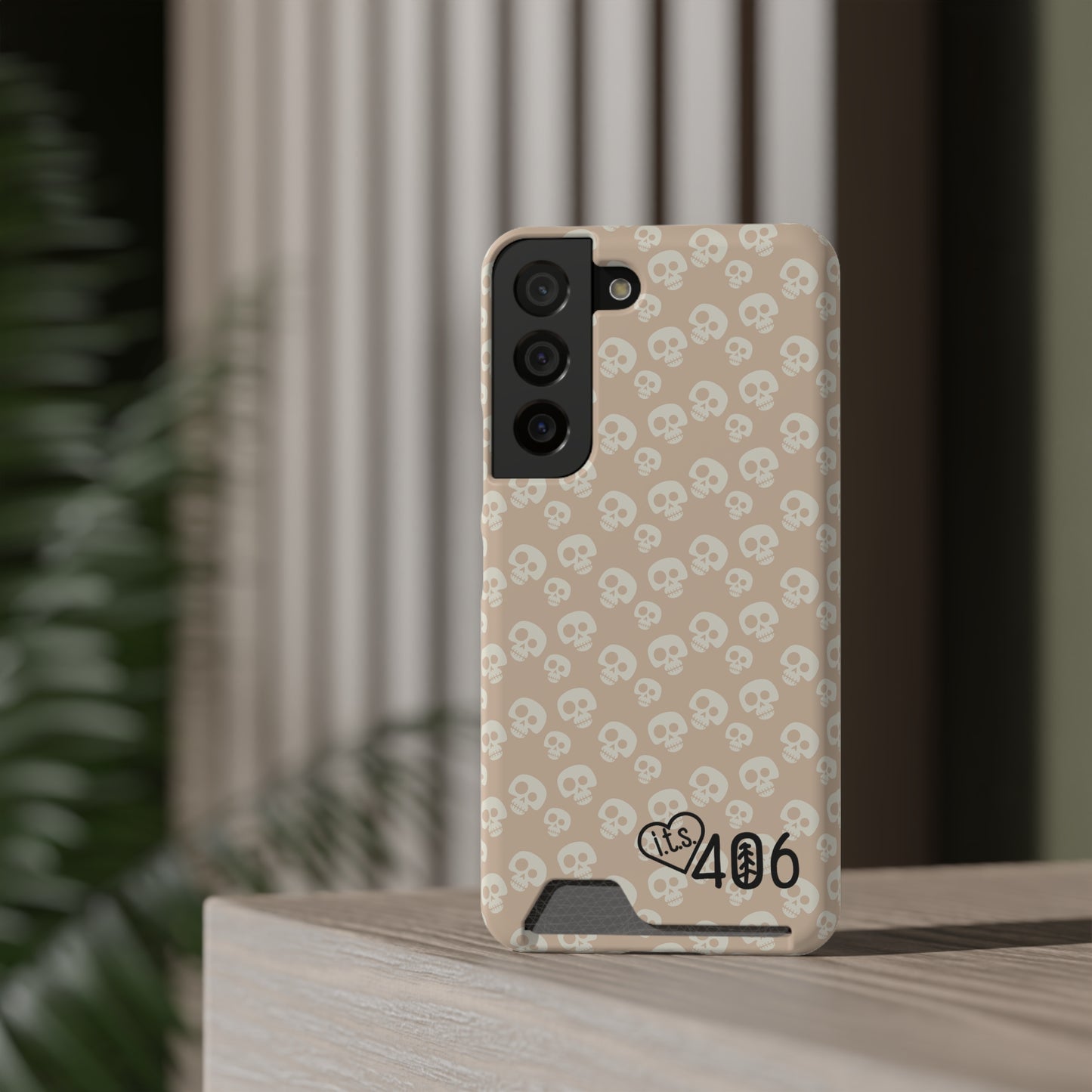 ITS406 Design Phone Case With Card Holder - Mauve Cute Skulls