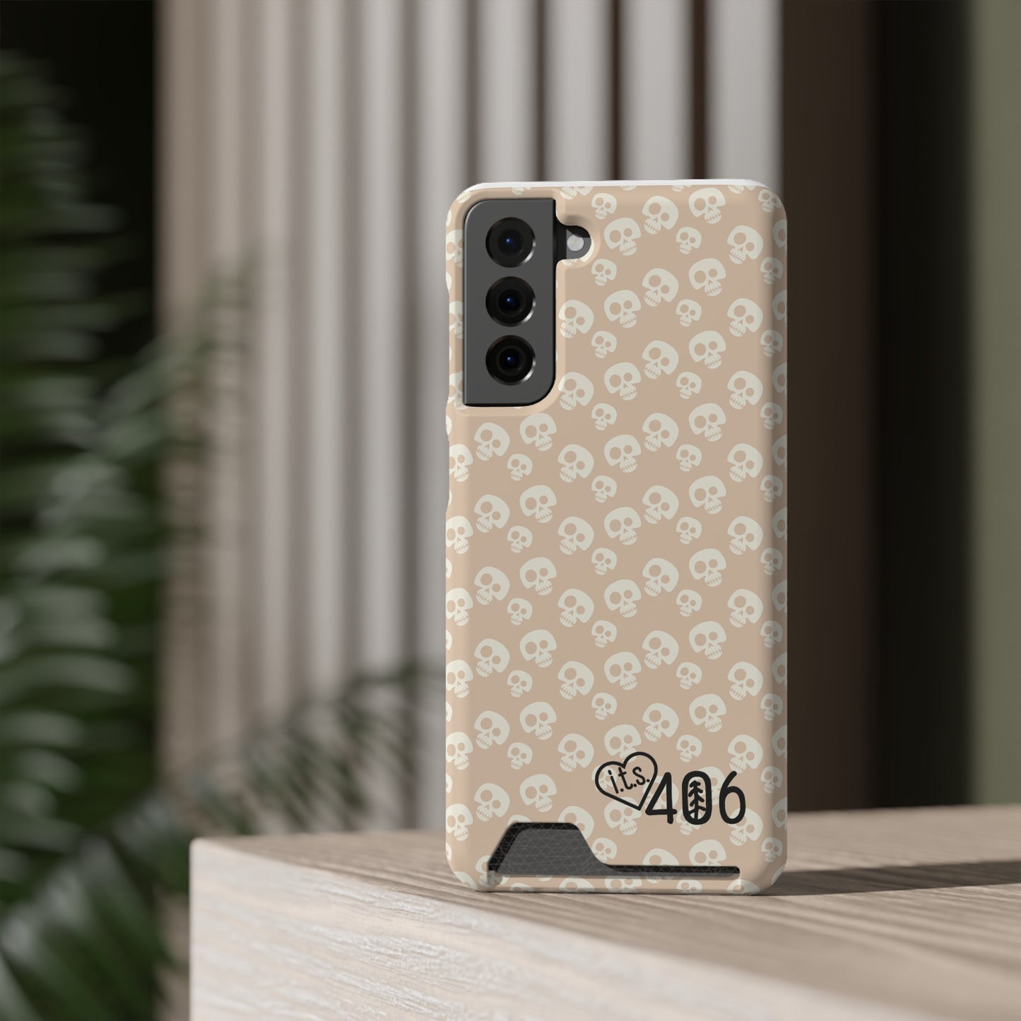 ITS406 Design Phone Case With Card Holder - Mauve Cute Skulls