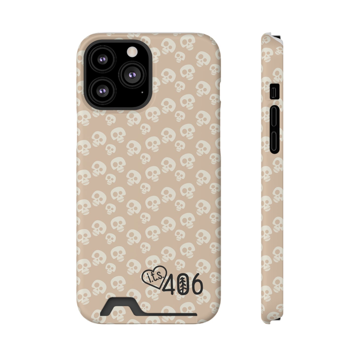 ITS406 Design Phone Case With Card Holder - Mauve Cute Skulls