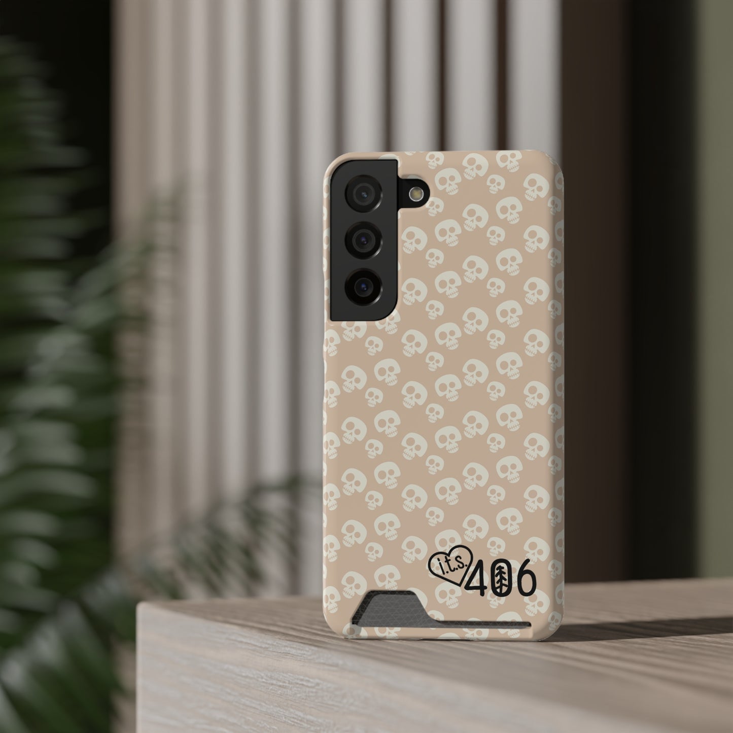 ITS406 Design Phone Case With Card Holder - Mauve Cute Skulls