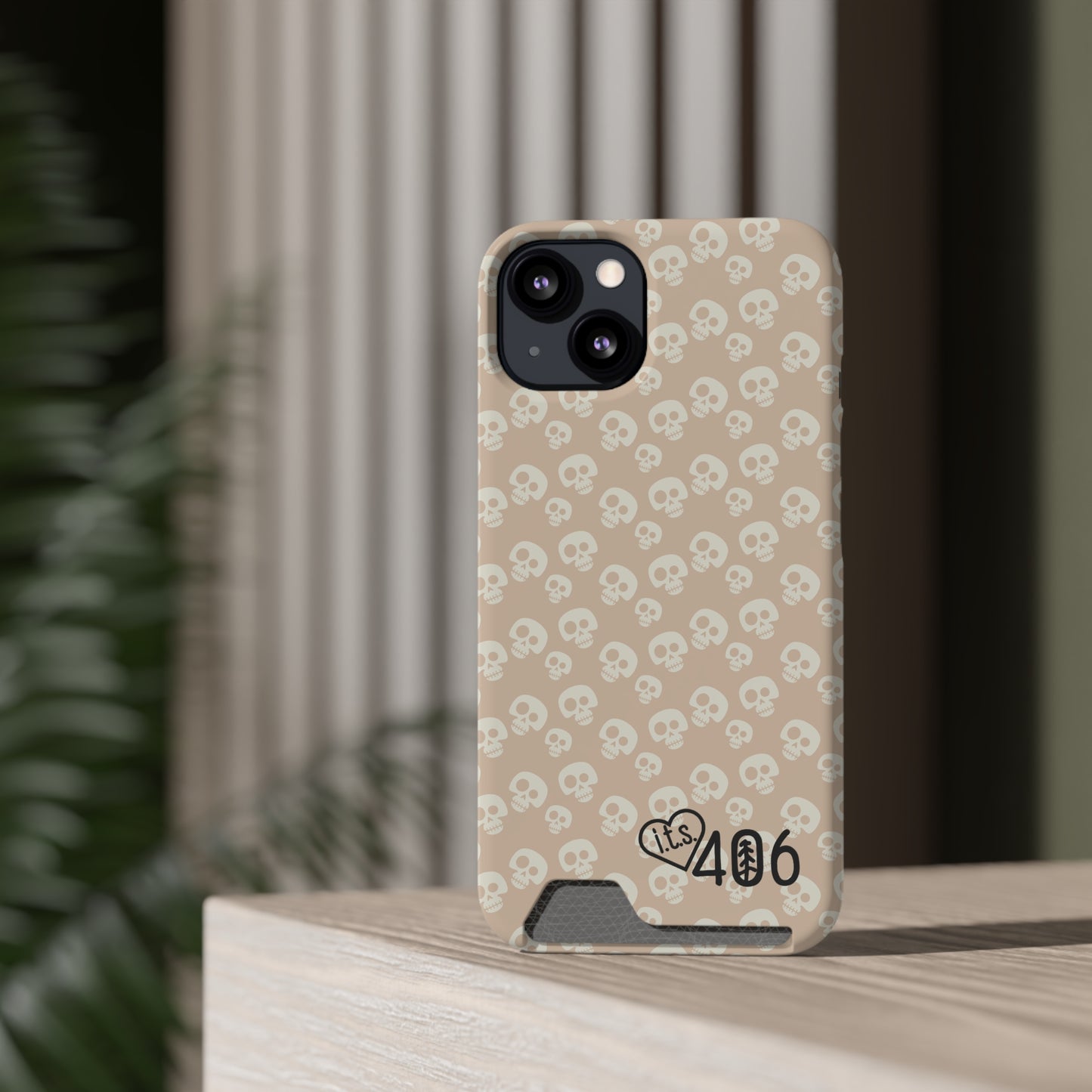 ITS406 Design Phone Case With Card Holder - Mauve Cute Skulls