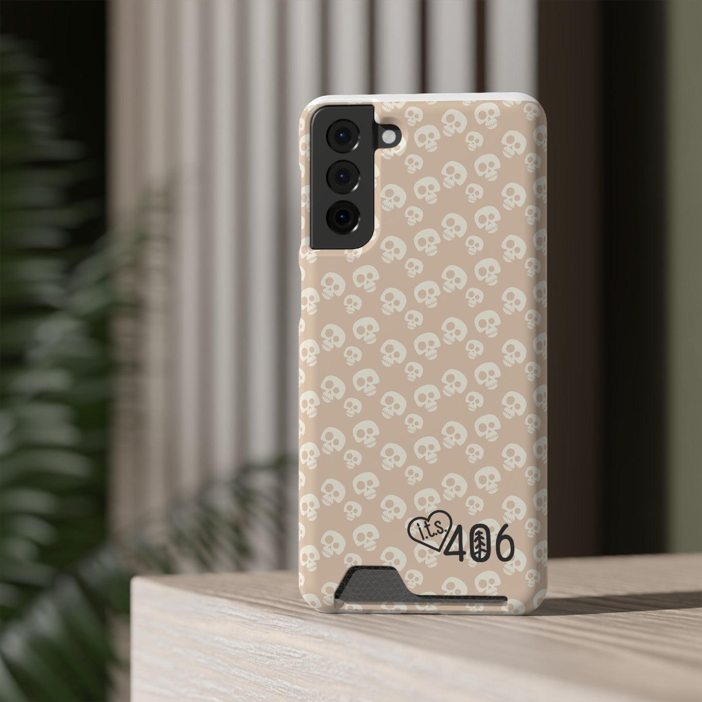 ITS406 Design Phone Case With Card Holder - Mauve Cute Skulls