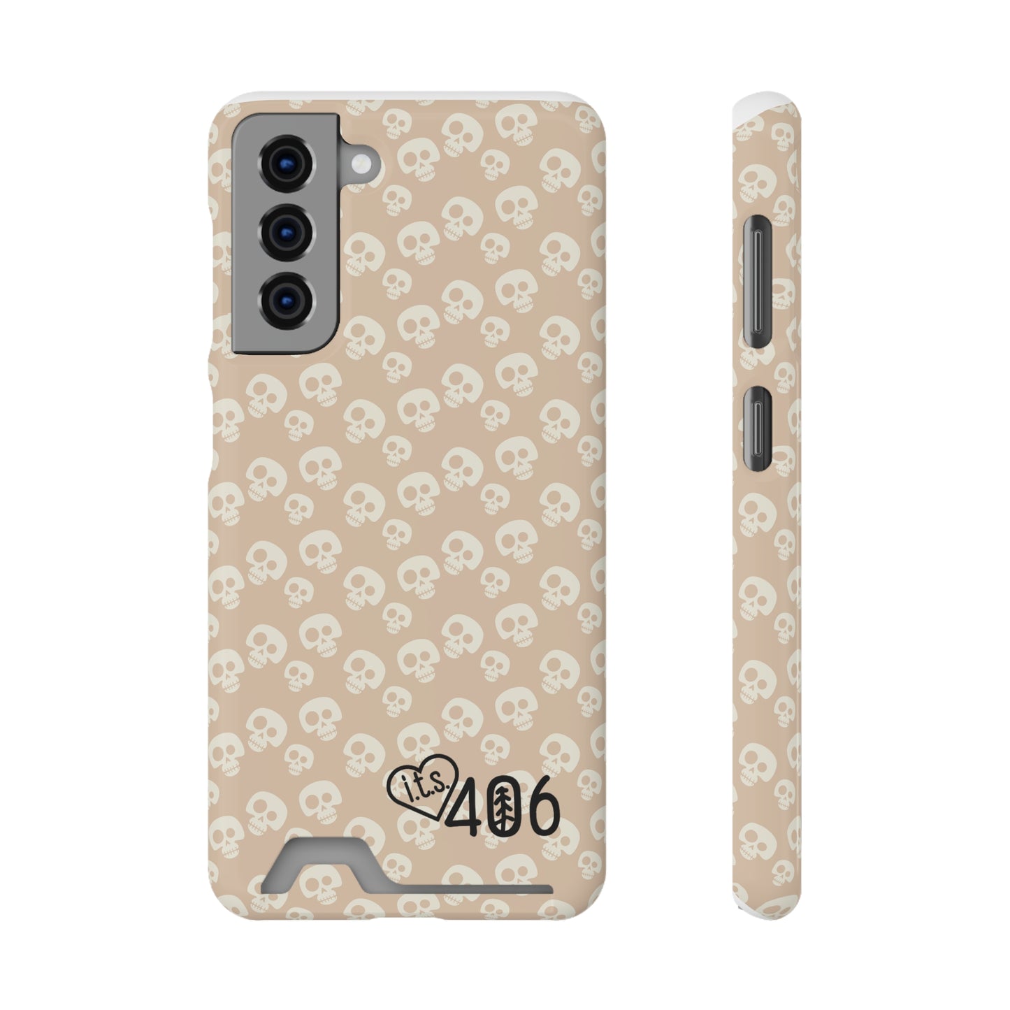 ITS406 Design Phone Case With Card Holder - Mauve Cute Skulls