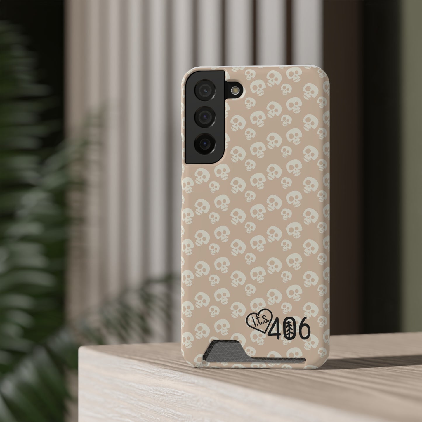 ITS406 Design Phone Case With Card Holder - Mauve Cute Skulls