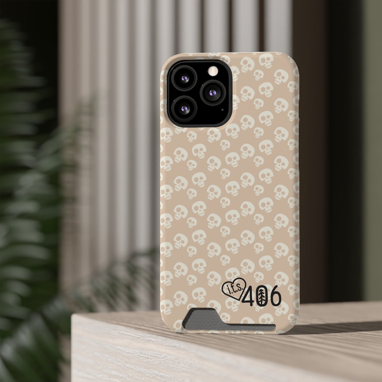 ITS406 Design Phone Case With Card Holder - Mauve Cute Skulls