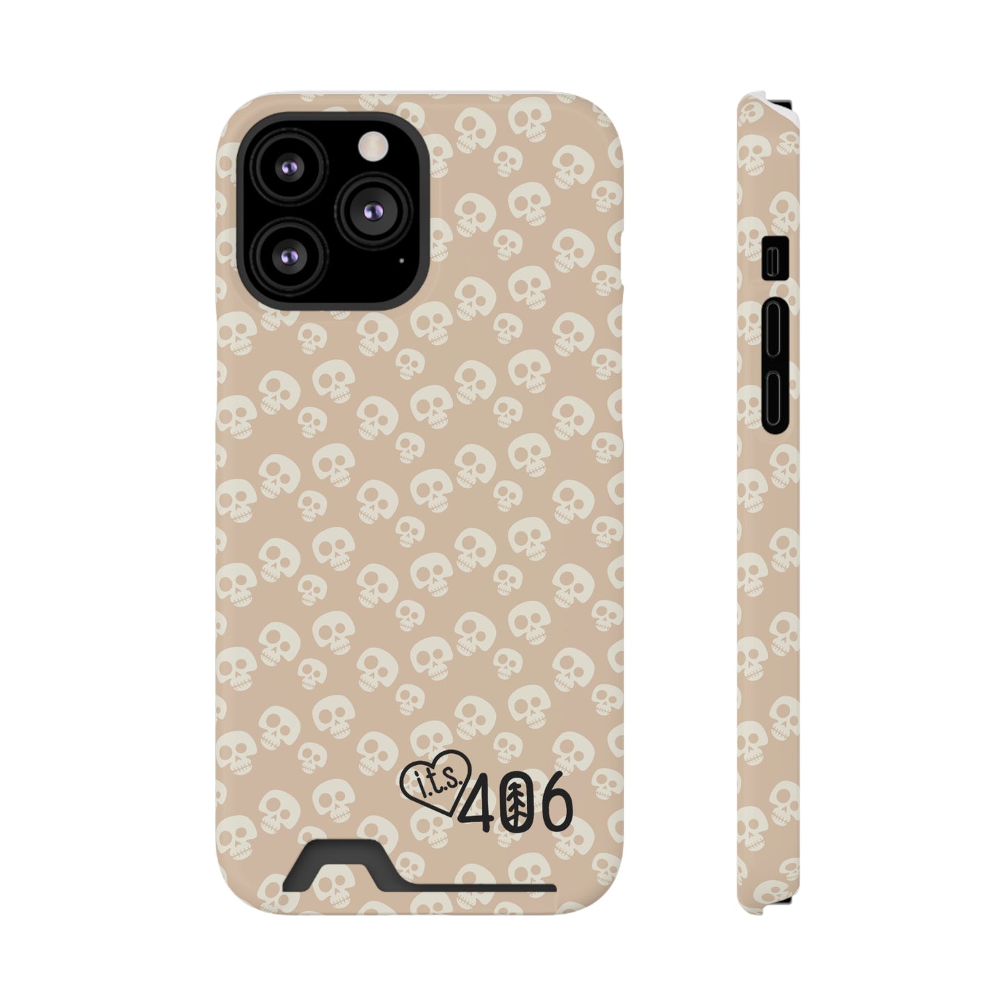 ITS406 Design Phone Case With Card Holder - Mauve Cute Skulls