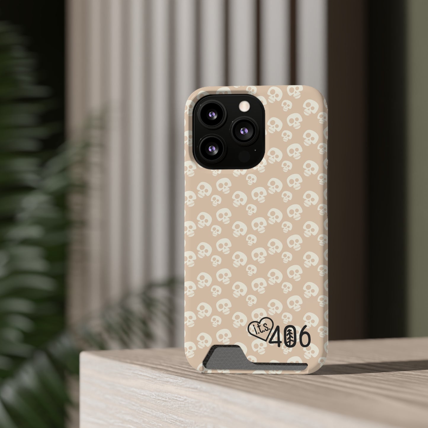 ITS406 Design Phone Case With Card Holder - Mauve Cute Skulls