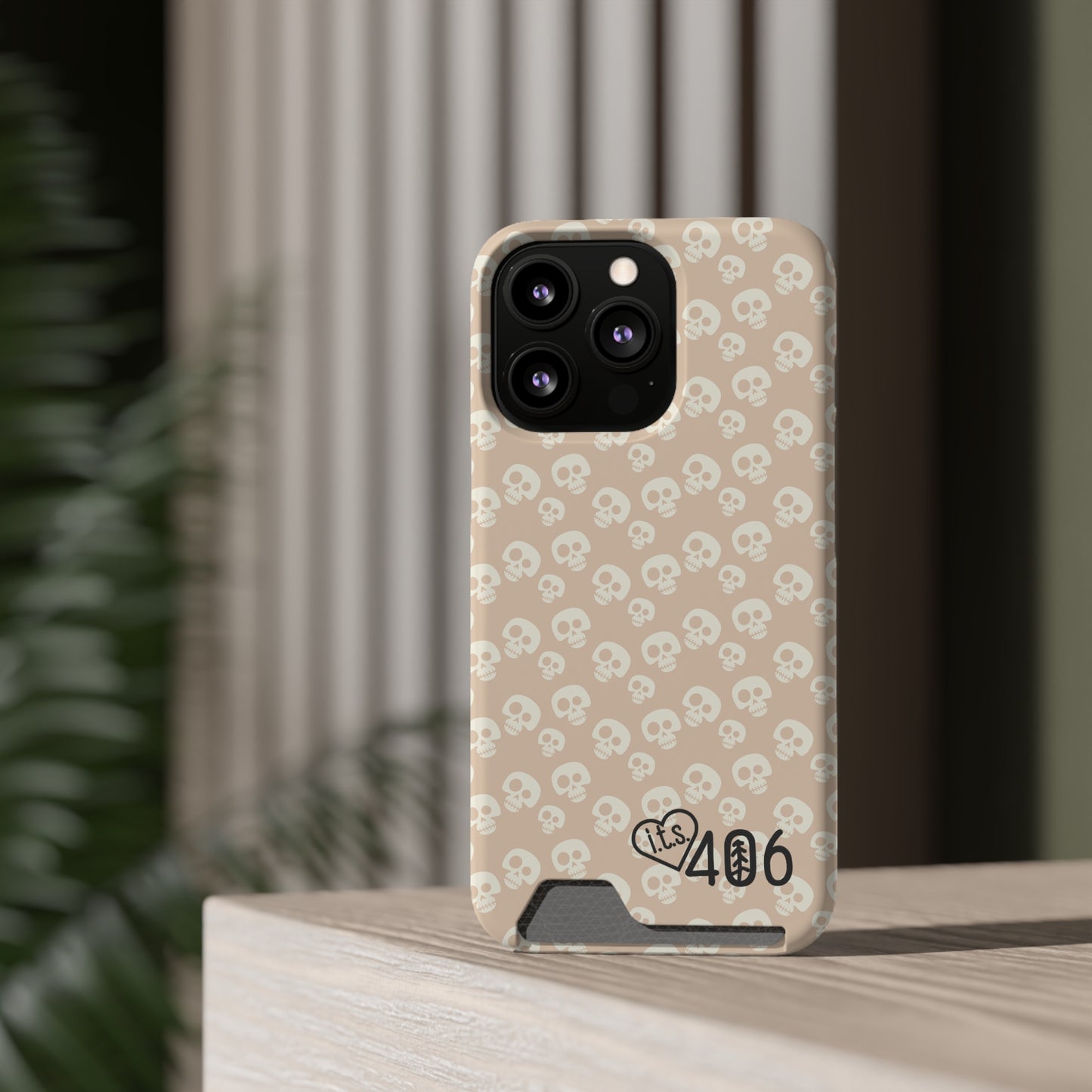 ITS406 Design Phone Case With Card Holder - Mauve Cute Skulls
