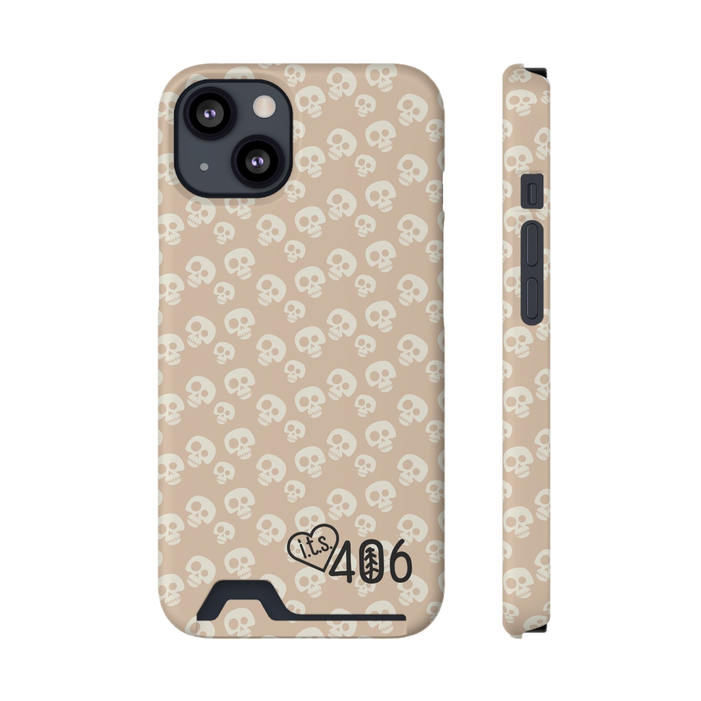 ITS406 Design Phone Case With Card Holder - Mauve Cute Skulls