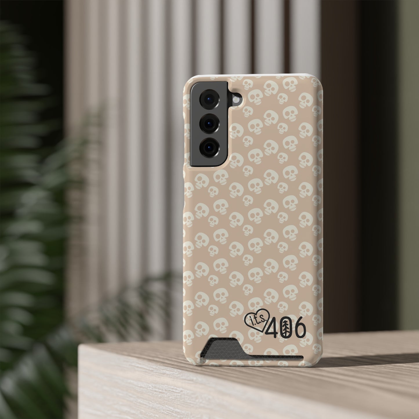 ITS406 Design Phone Case With Card Holder - Mauve Cute Skulls