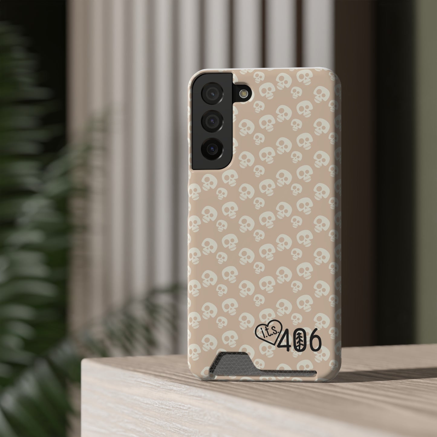 ITS406 Design Phone Case With Card Holder - Mauve Cute Skulls