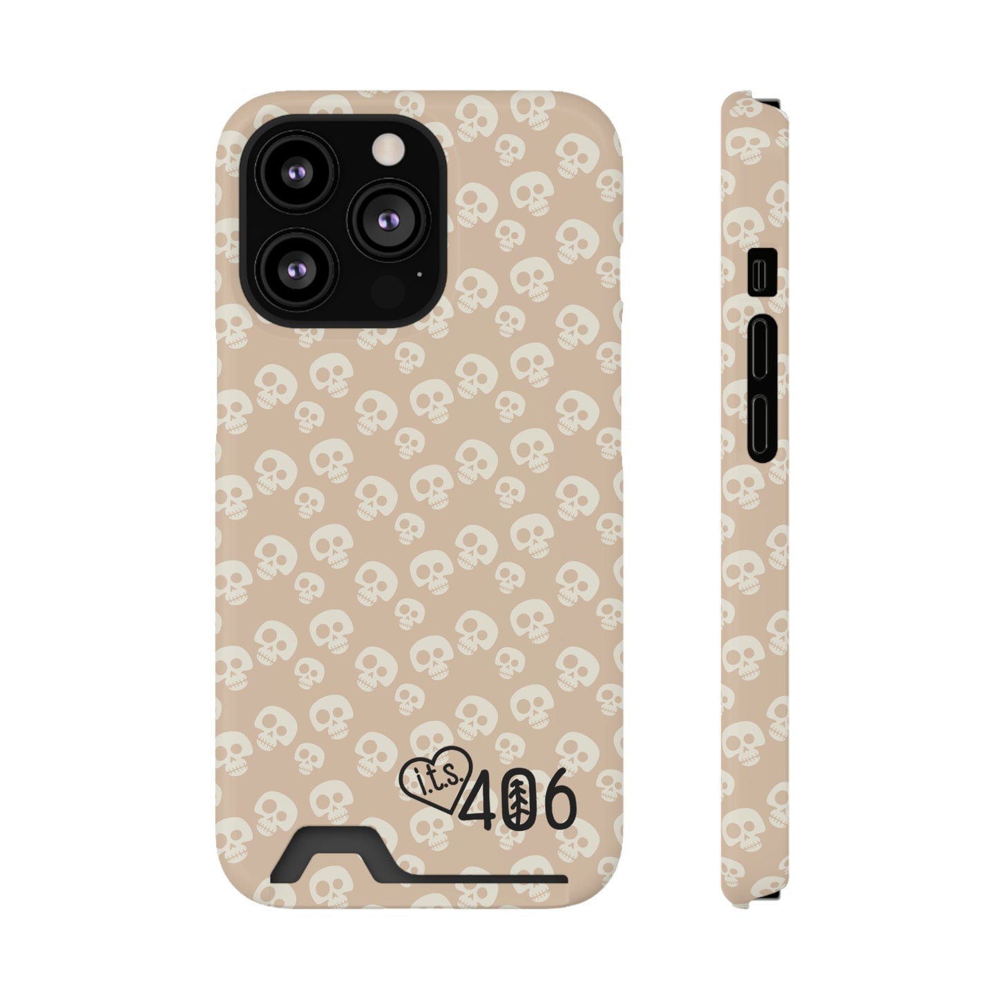 ITS406 Design Phone Case With Card Holder - Mauve Cute Skulls
