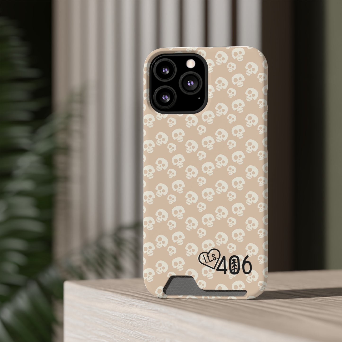 ITS406 Design Phone Case With Card Holder - Mauve Cute Skulls