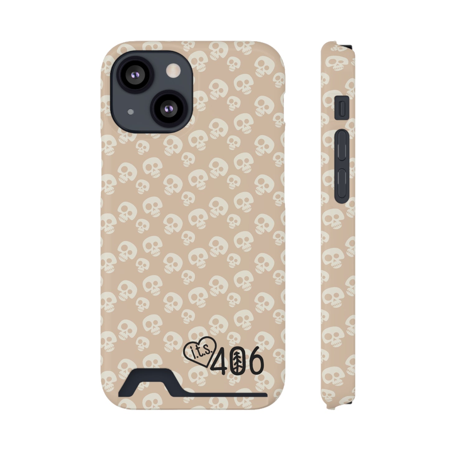 ITS406 Design Phone Case With Card Holder - Mauve Cute Skulls