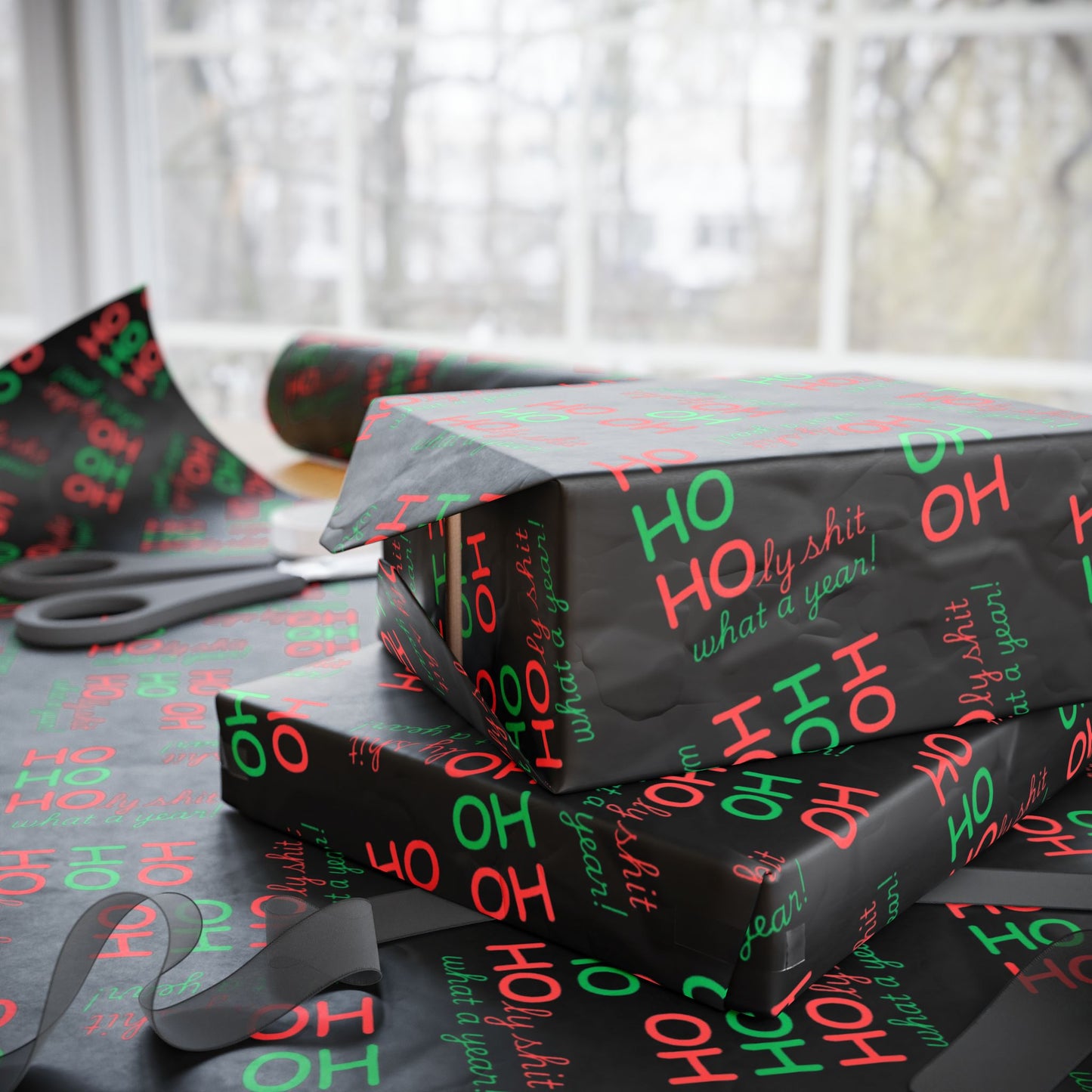 Festive Wrapping Paper - Ho Ho Holy Shit What a Year - Black