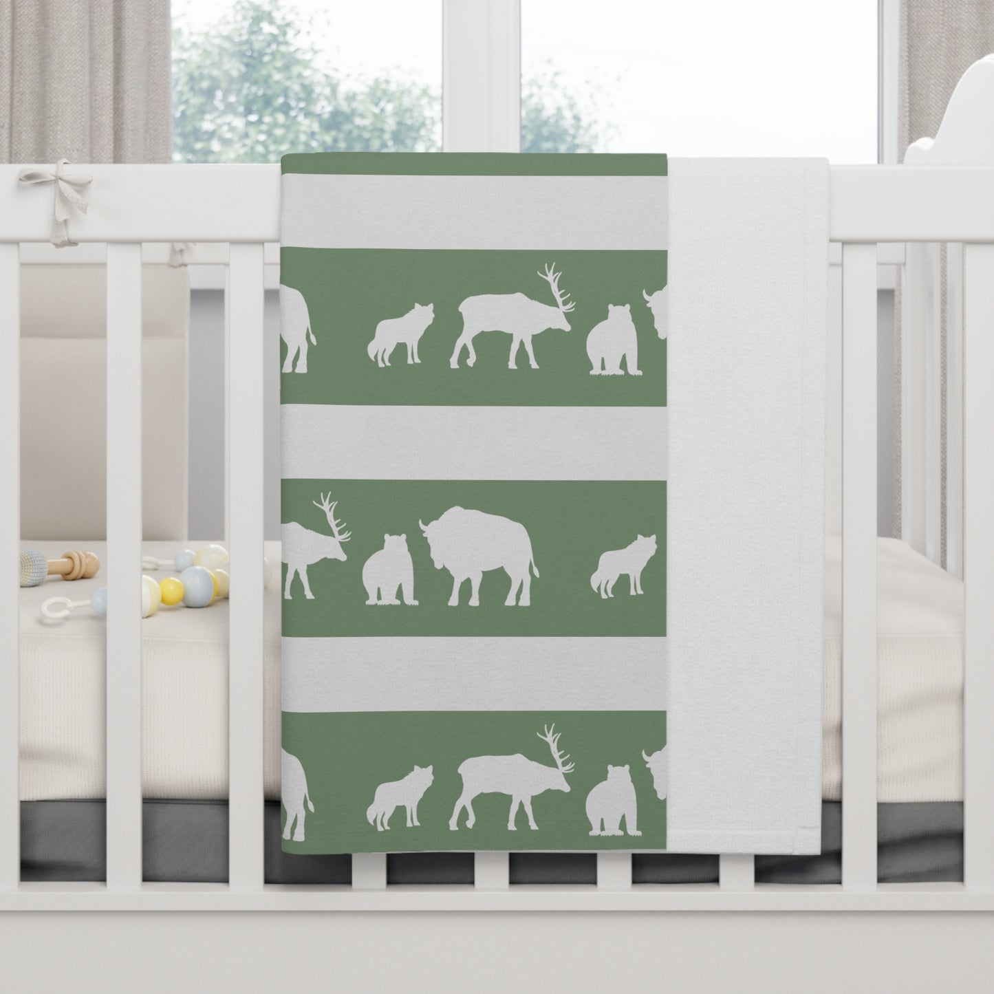 Mountain Baby Soft Fleece Baby Blanket - Sage w/ Mountain Animals in Ice