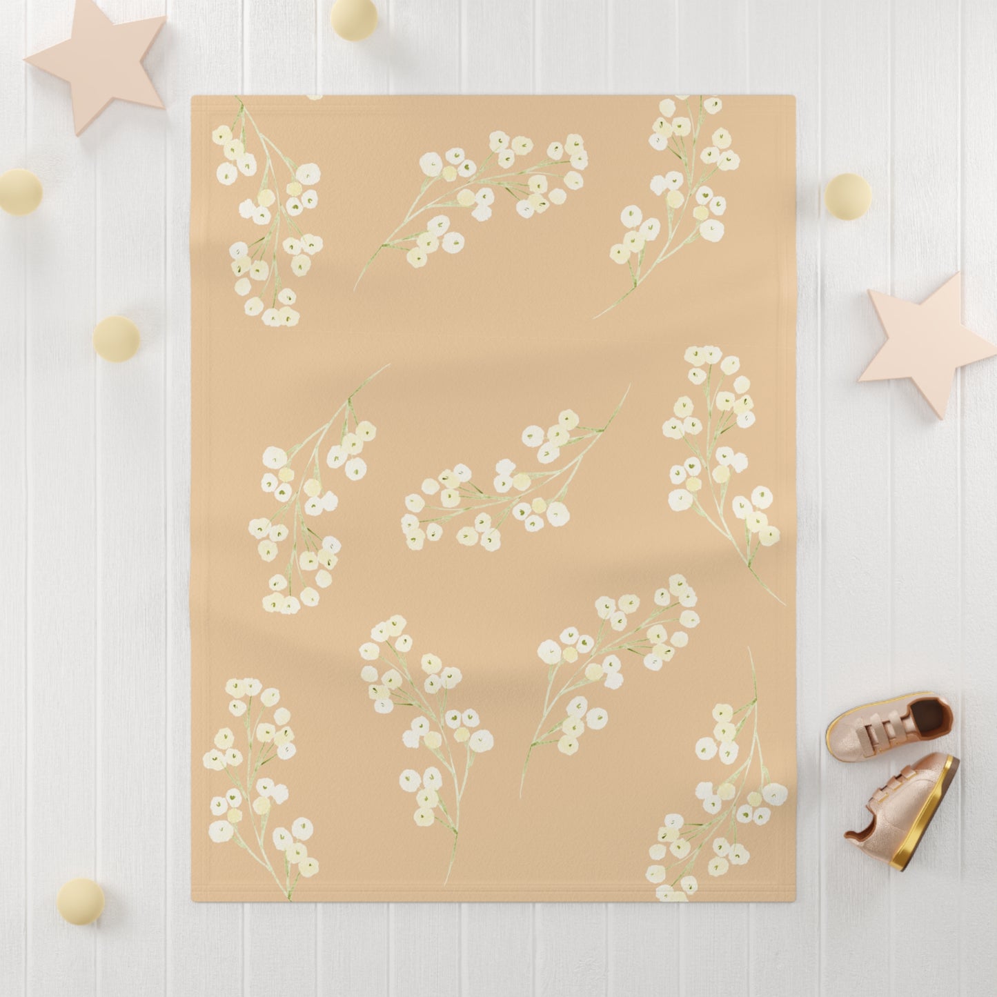 Soft Fleece Baby Blanket - Camel w/ White Flowers