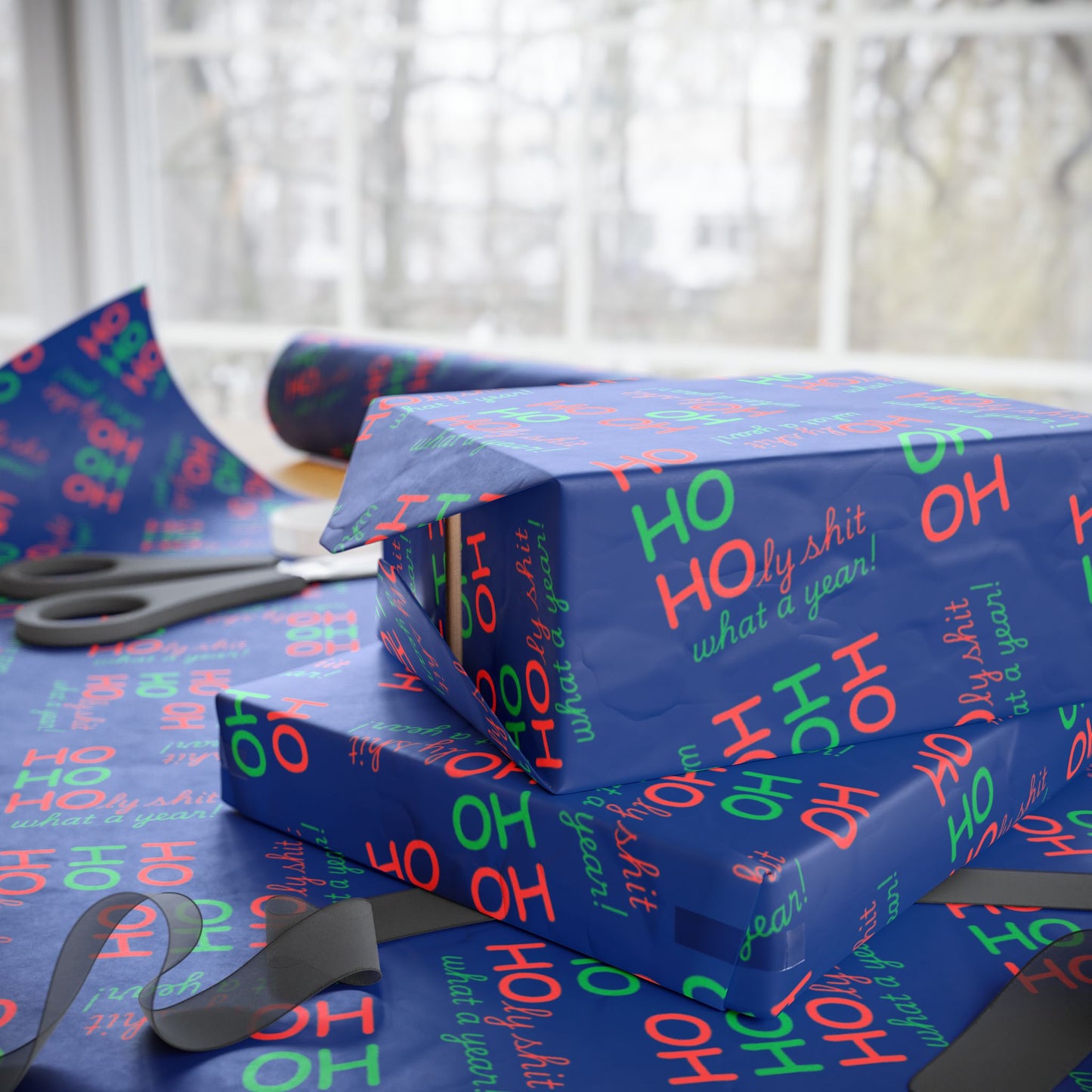 Festive Wrapping Paper - Ho Ho Holy Shit What a Year - Blue