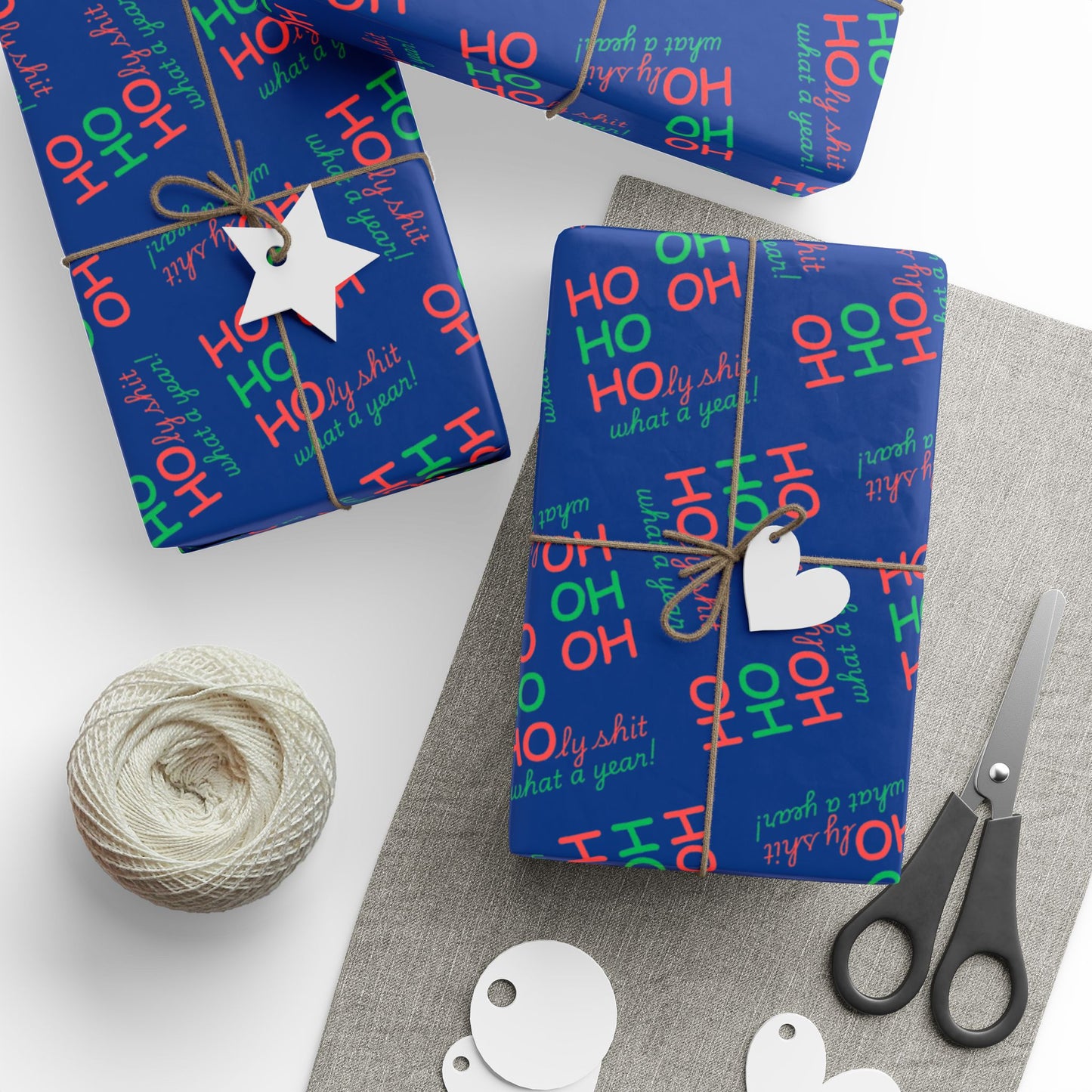 Festive Wrapping Paper - Ho Ho Holy Shit What a Year - Blue