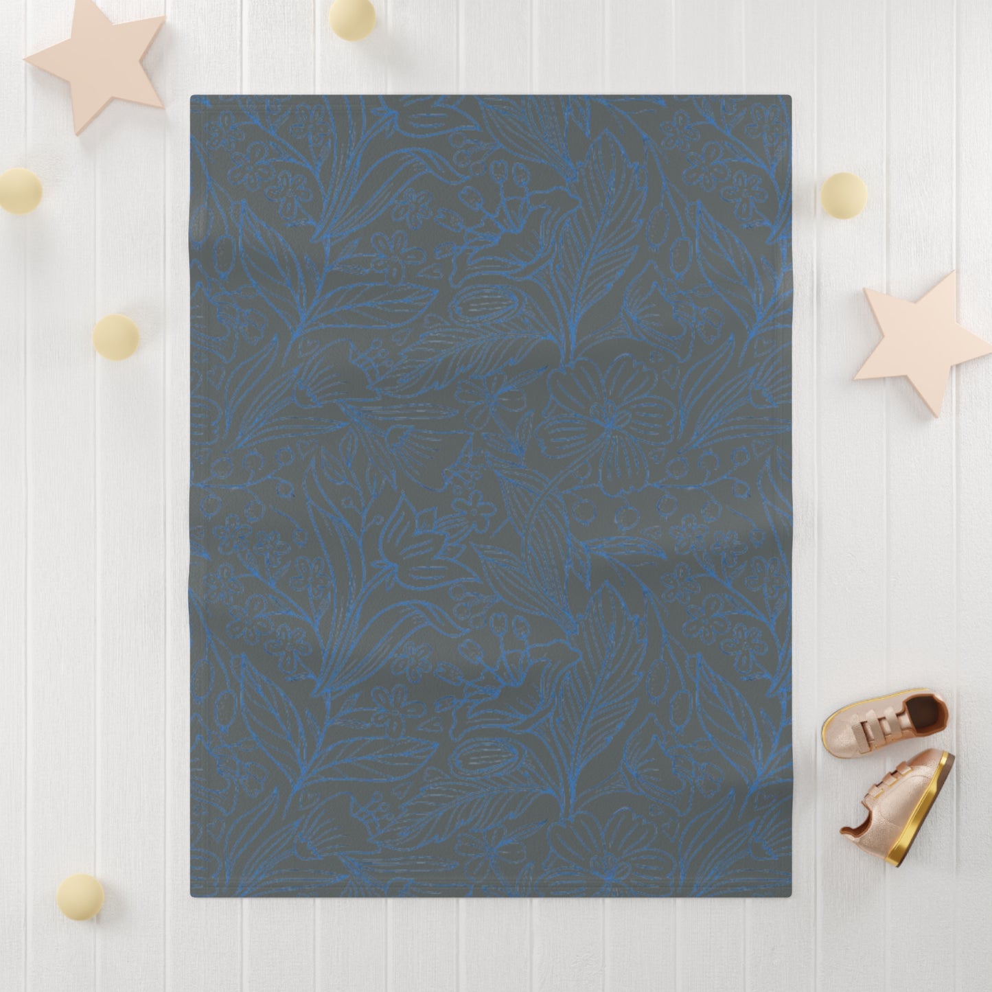 Elegant Soft Fleece Baby Blanket - Black and Blue Floral Print