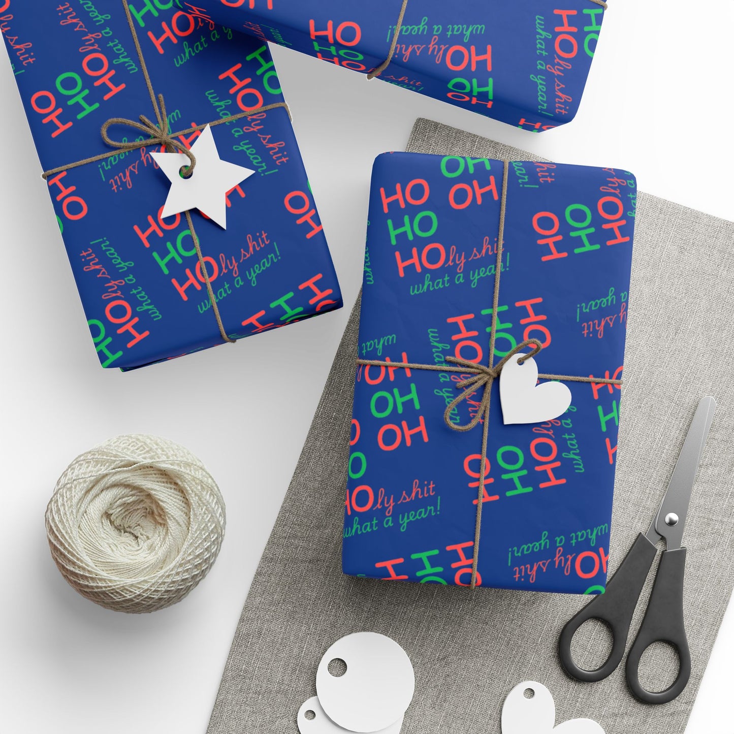 Festive Wrapping Paper - Ho Ho Holy Shit What a Year - Blue